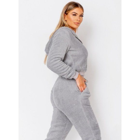 Gray Teddy Bear Fur Long Sleeve Hooded Crop Top and Joggers Pants Two Piece Set - Picture 7 of 11